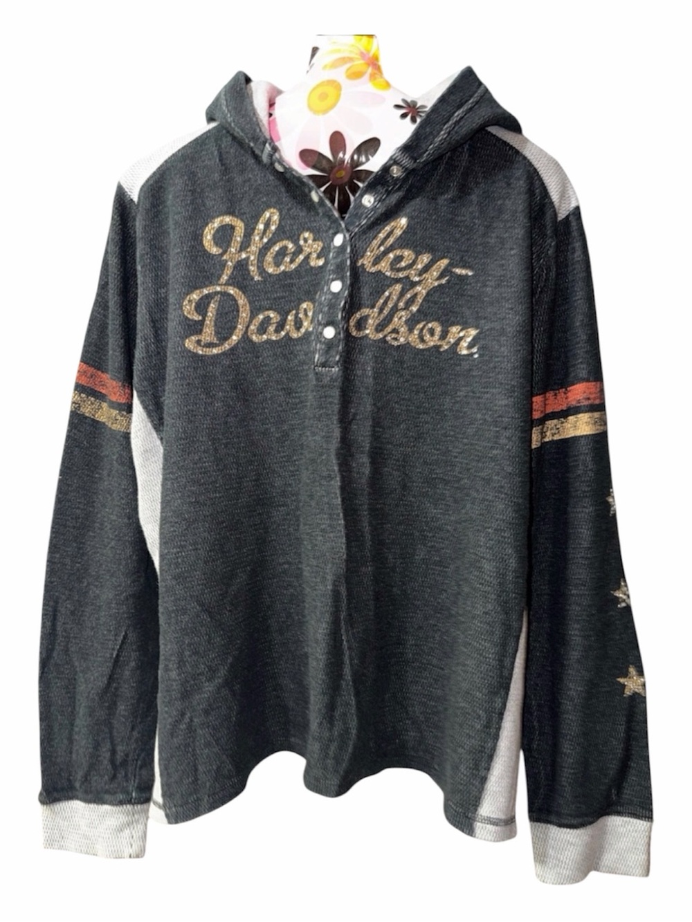 Woman’s Harley-Davidson Retro-look Black Hooded Long Sleeve Top with Gold Script - Picture 5 of 5